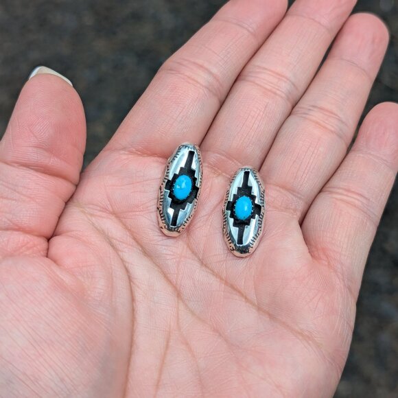 Navajo Shadow Box Turquoise Stud Earrings Sterling Silver Native Am Jewelry*** - Picture 8 of 10